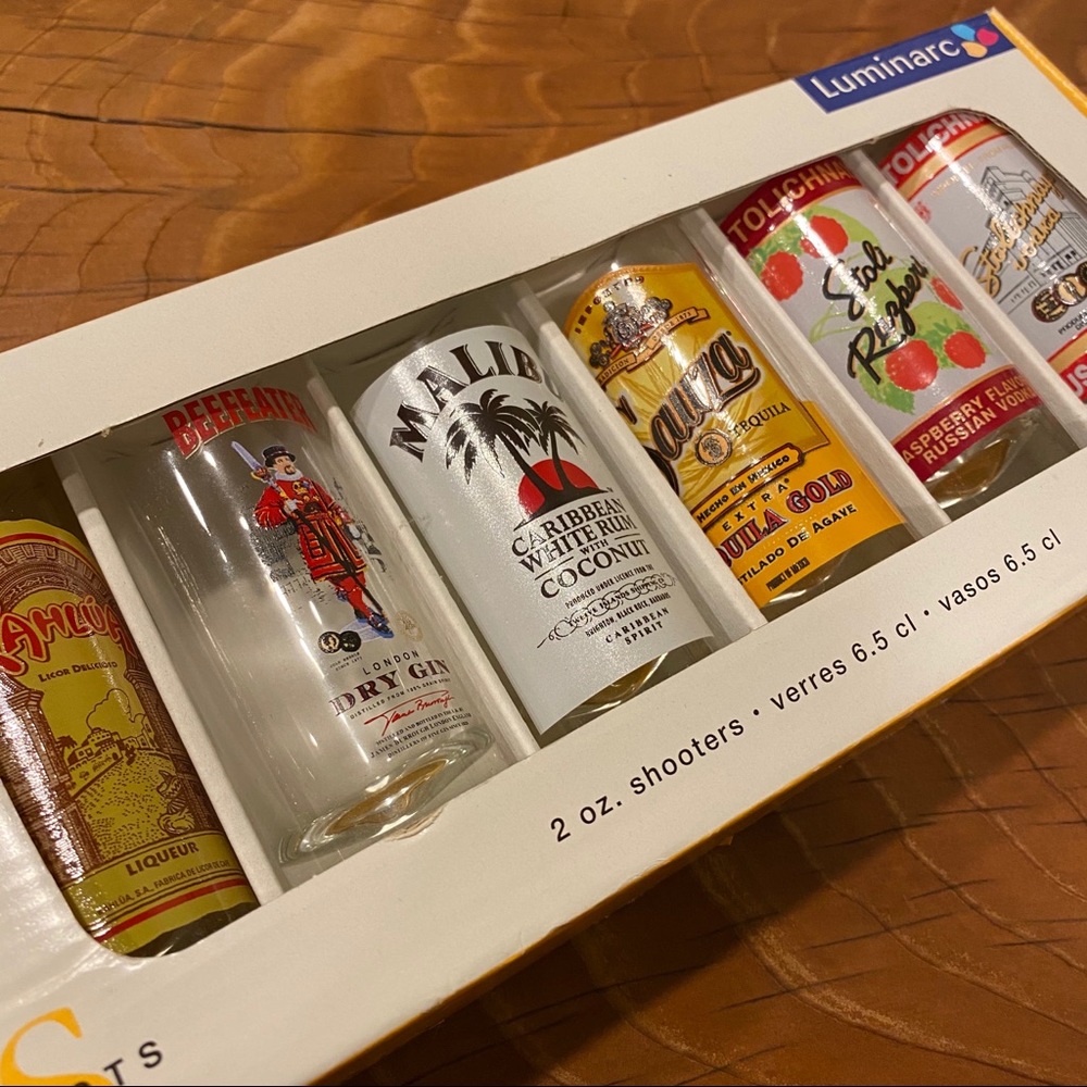 Malibu, Kahlua, Beefeater, Stoli Shot Glasses